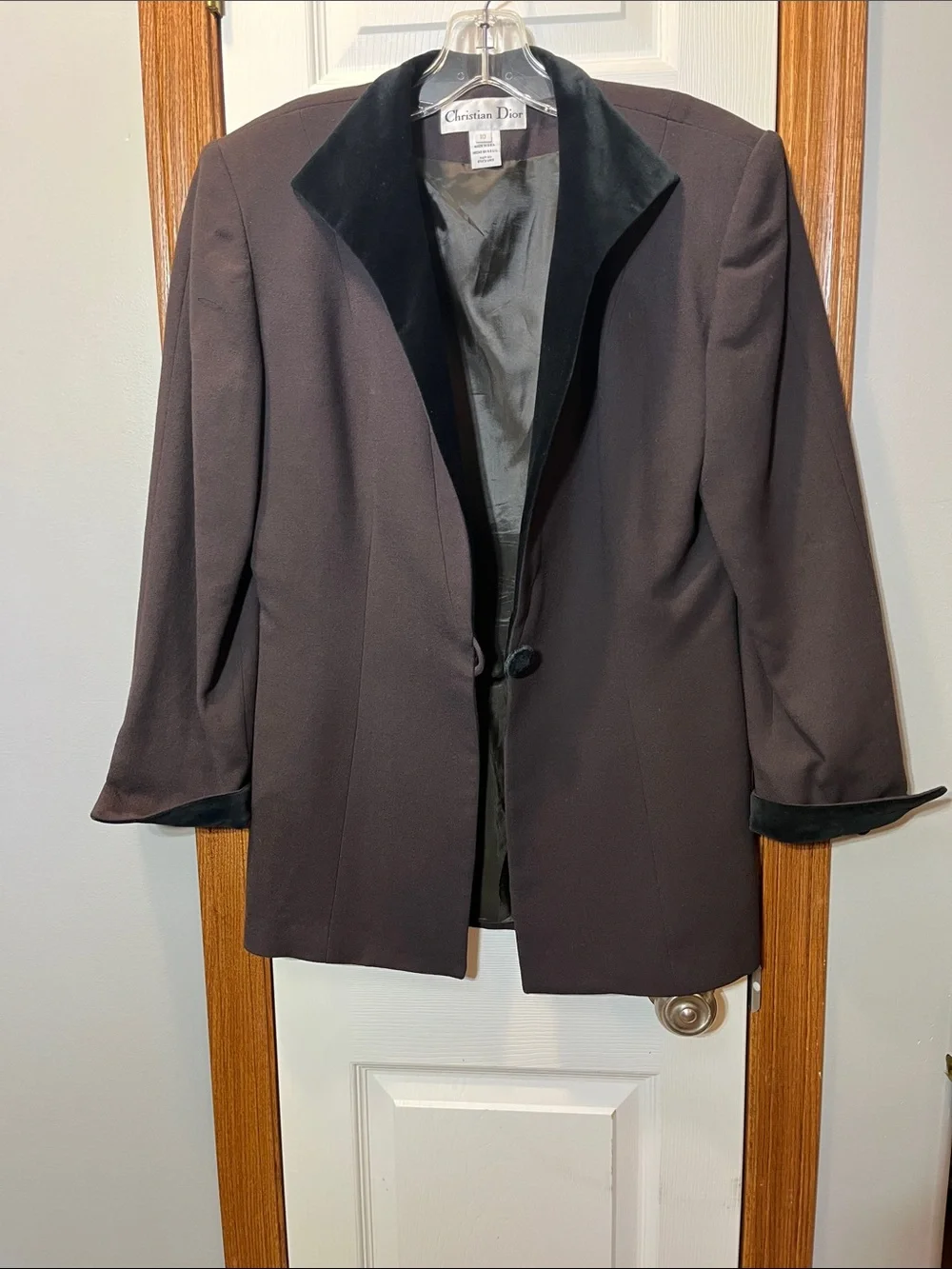 Vintage Christian Dior Brown Worsted Wool Blazer w/ Black Velvet Trim size 10